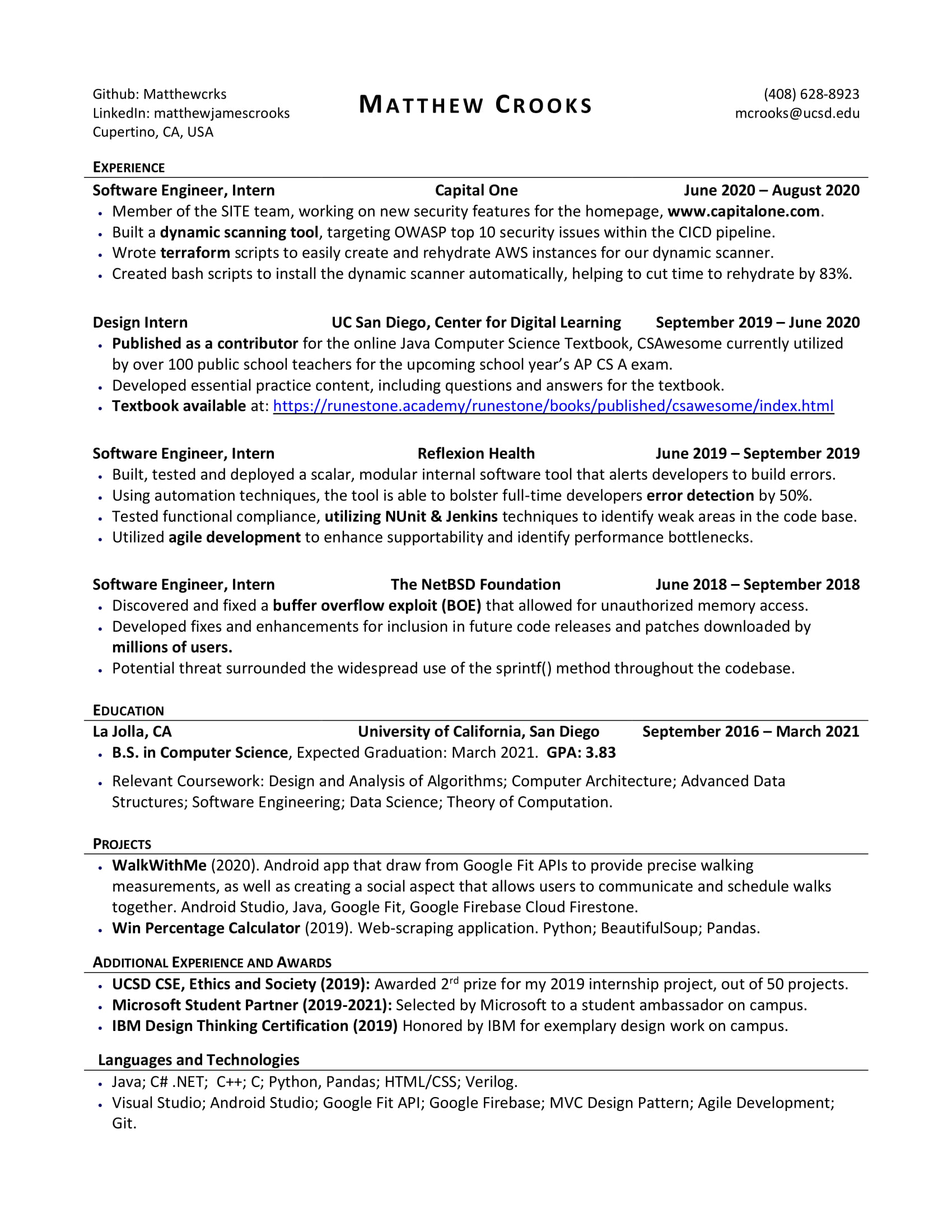 My most recent Resume